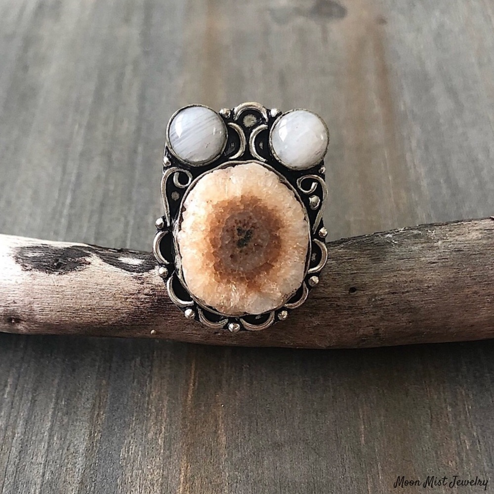Raw Solar quartz and moonstone ring